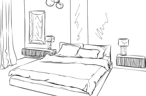 Dessin vectoriel d'une chambre confort des Suites du Lac à Aix les Bains.